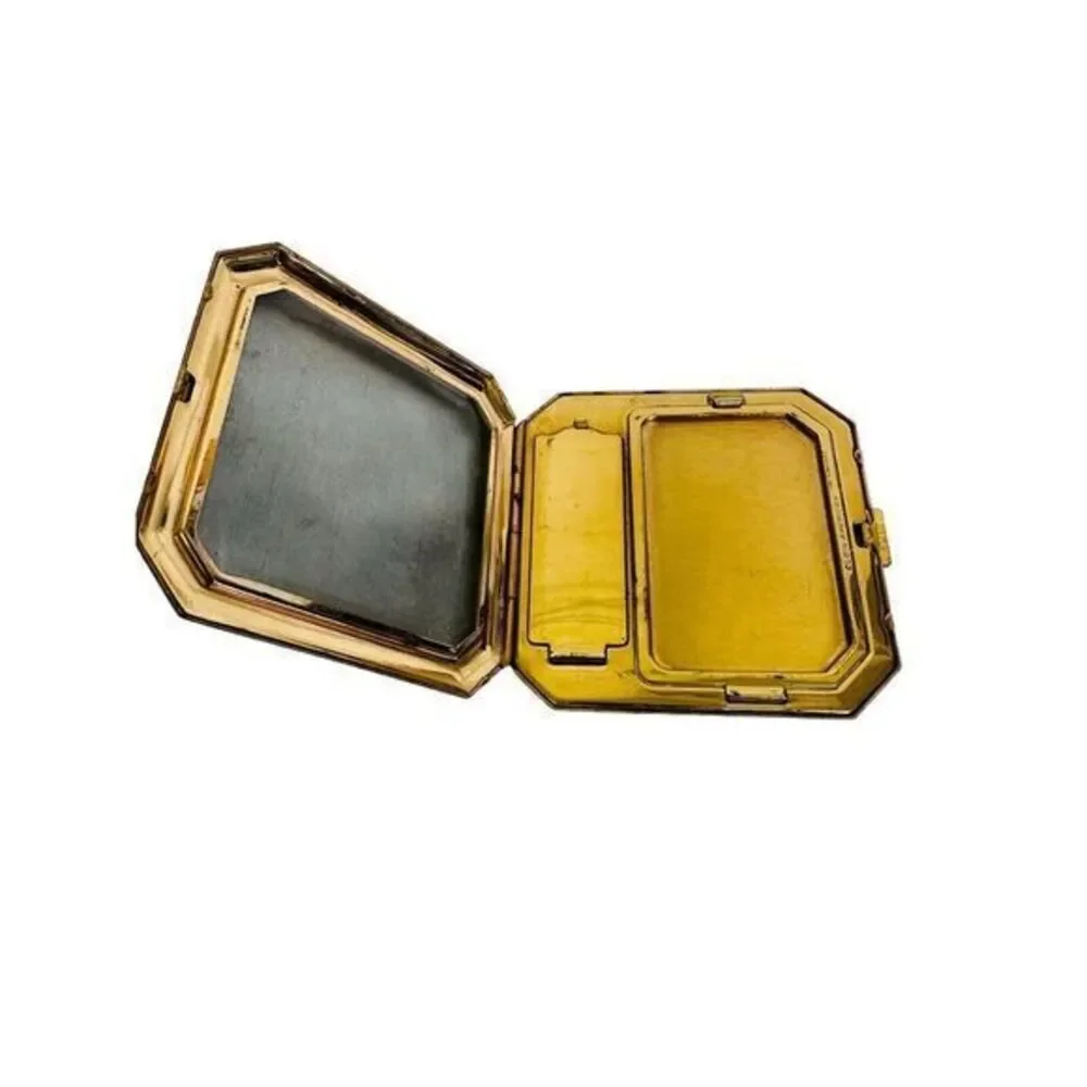 Vintage Elgin‎ American Embroidery Brass Compact Pink Floral 2.5